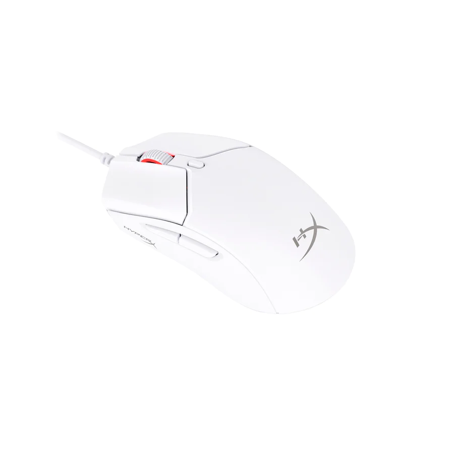 Fehér gamer egér piros görgővel és oldalsó gombokkal, fehér háttérrel.