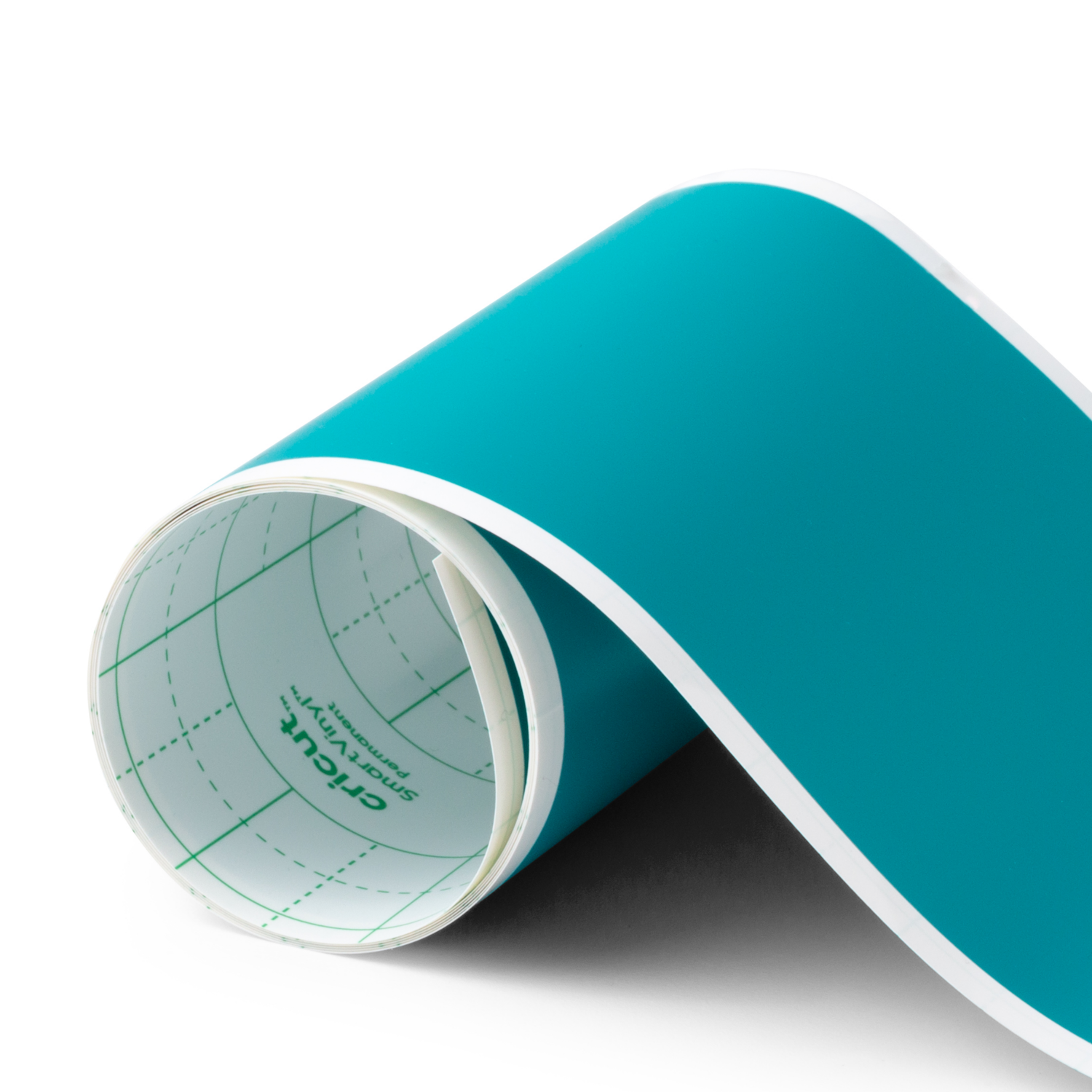 A roll of teal vinyl on a white surface.