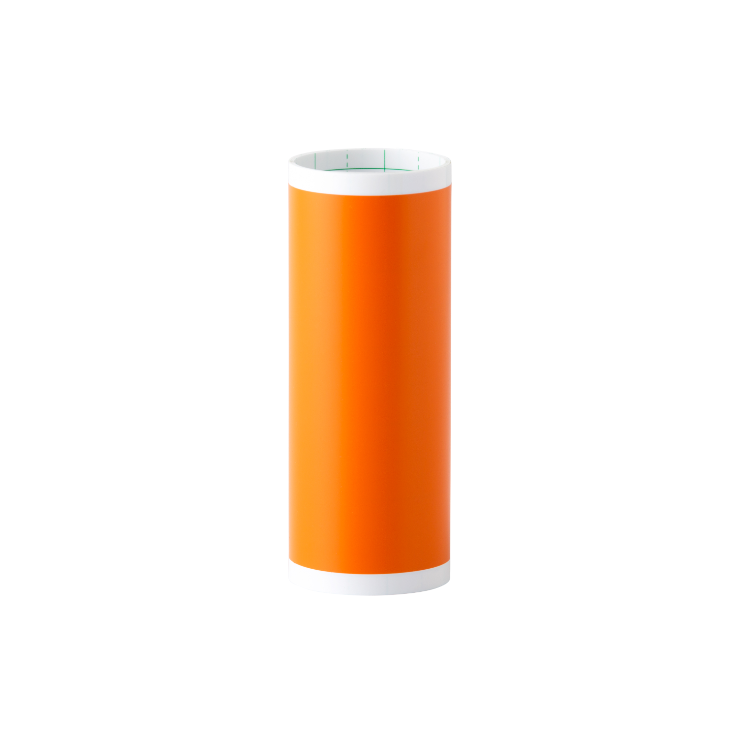 Orange cylindrical container with white edges, standing upright on a white surface.