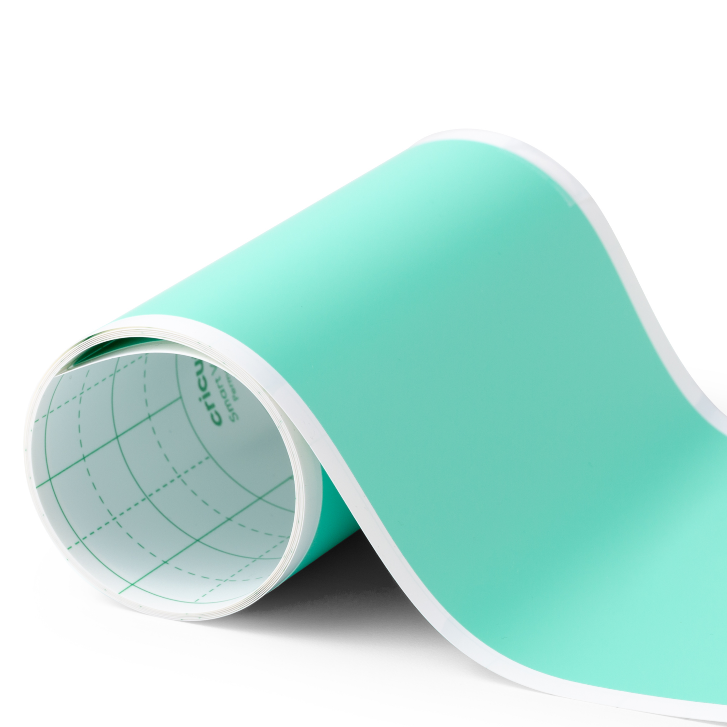 A roll of mint green vinyl material with a white border, showing its underside and grid pattern.
