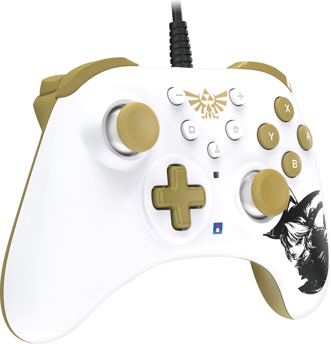 Weiß-goldener Gamecontroller mit Knöpfen und einem Charakterbild.