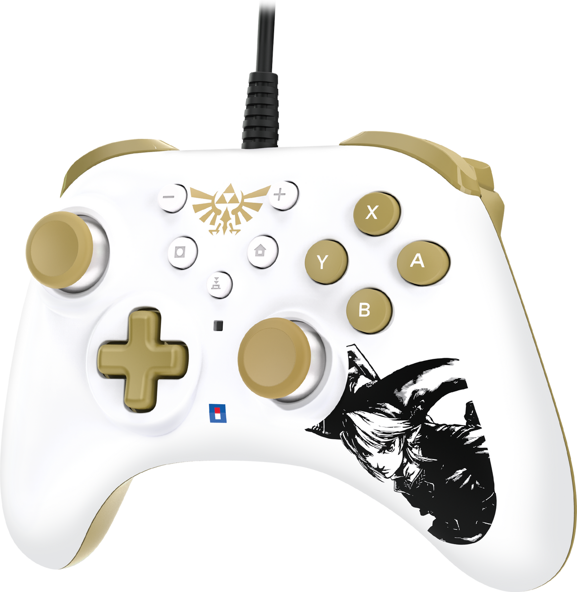 Ein weißer und goldener Nintendo Switch-Controller. Er hat ein Zelda-Design.