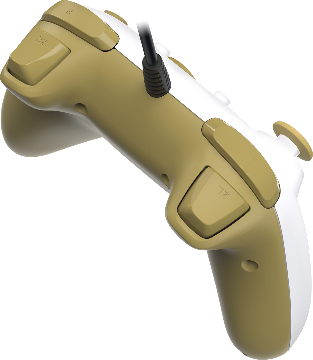 Ein gold-weißer Gamecontroller mit Knöpfen und einem Kabel.
