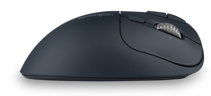 Egy sötétkék ergonomikus egér görgetőkerékkel, oldalról nézve, fehér háttér előtt.