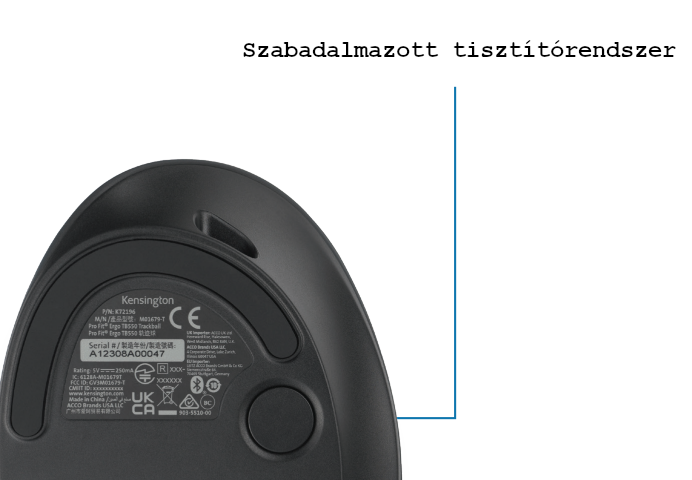 Egy fekete ergonomikus egér alja, Kensington márkajelzéssel és gombbal.
