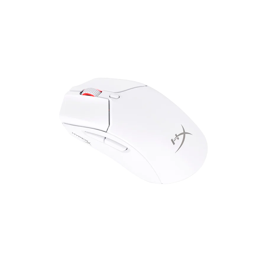 Fehér számítógépes egér piros görgővel. HyperX márkanév látható.