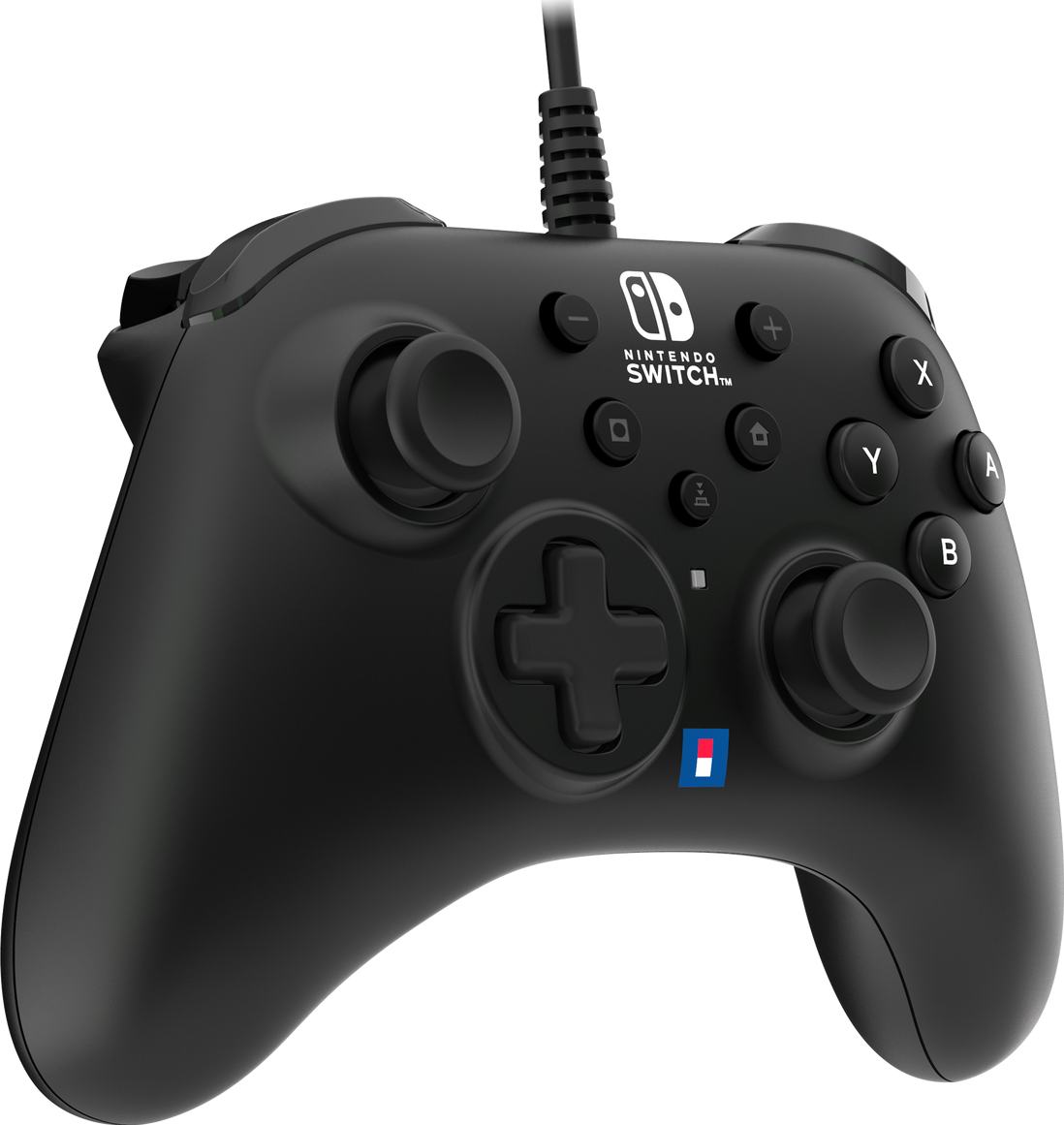 Schwarzer Nintendo Switch Controller mit Knöpfen und Joysticks. Das Kabel ist sichtbar.