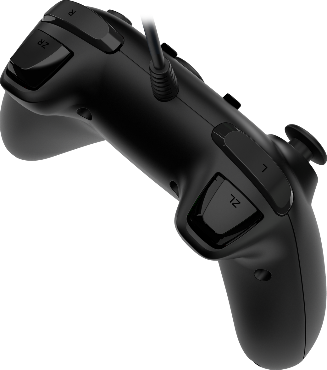 Schwarzer Game-Controller mit Knöpfen und Joysticks, schräge Ansicht auf dunklem Hintergrund.