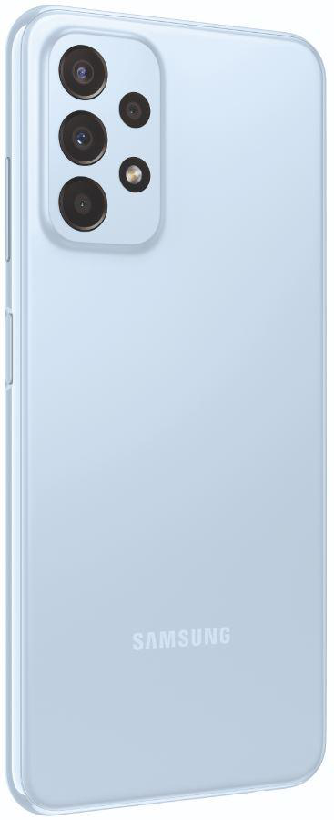Blaues Samsung-Telefon mit mehreren Rückkameras.