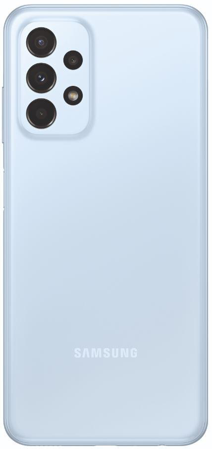 Die Rückseite eines hellblauen Samsung-Telefons mit dem Samsung-Logo und drei Kameras.