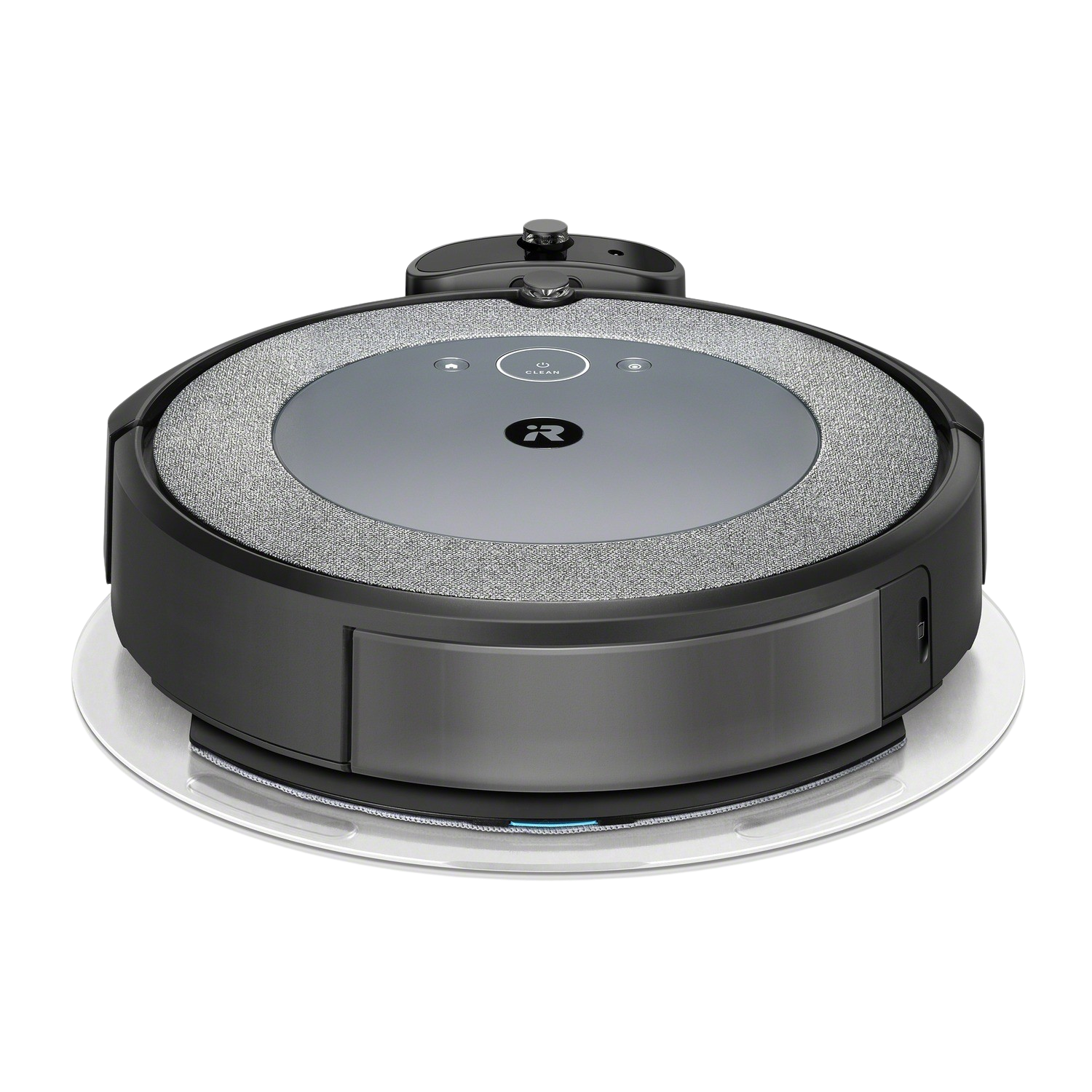 Zwarte Roomba robotstofzuiger. Hij is rond, met een grijze bovenkant en een witte basis.