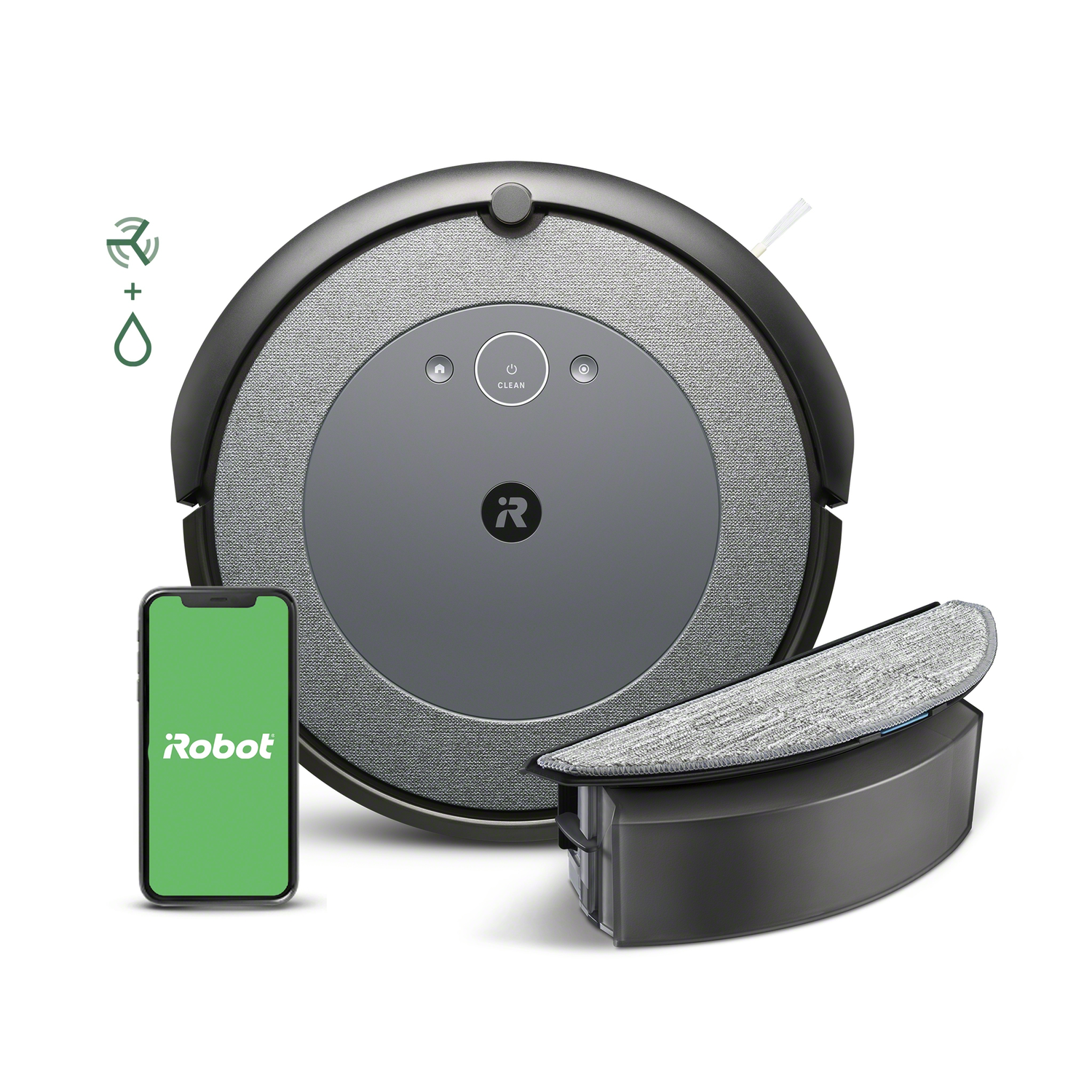 Een grijze iRobot Roomba robotstofzuiger en -dweil, met een smartphone die de app weergeeft.