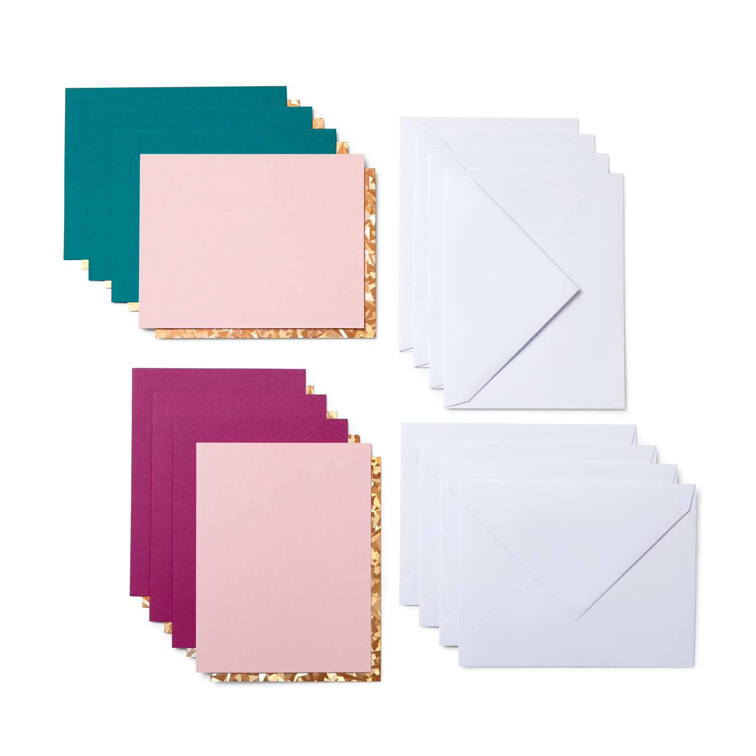 Assortment of colorful cards and white envelopes on a white background.