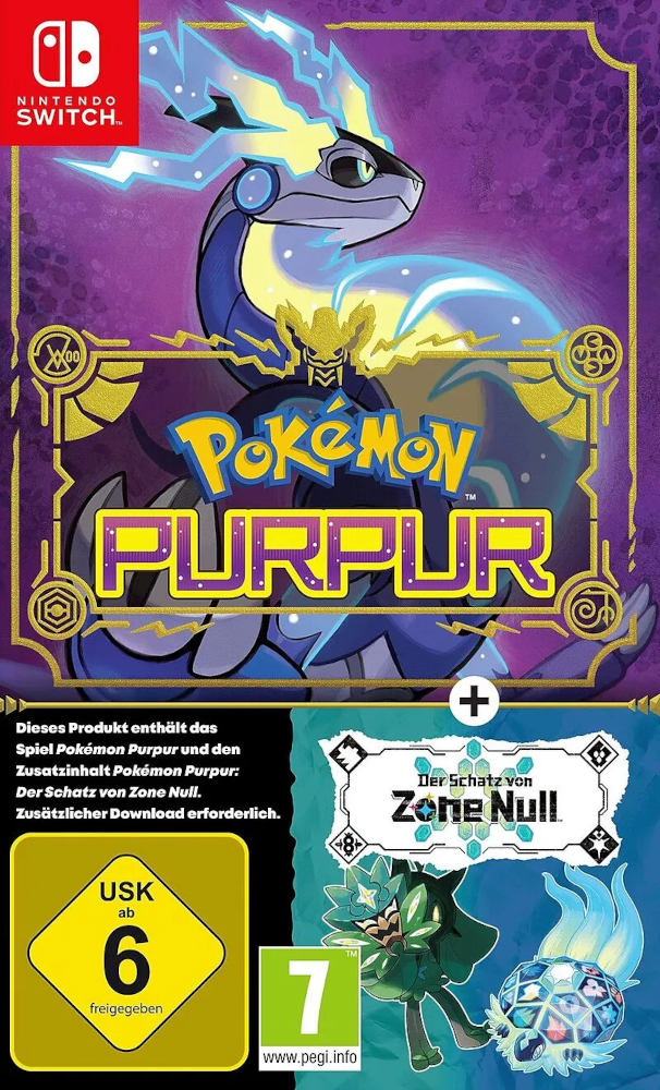 Un étui de jeu Nintendo Switch pour Pokémon Purpur, avec une illustration stylisée.