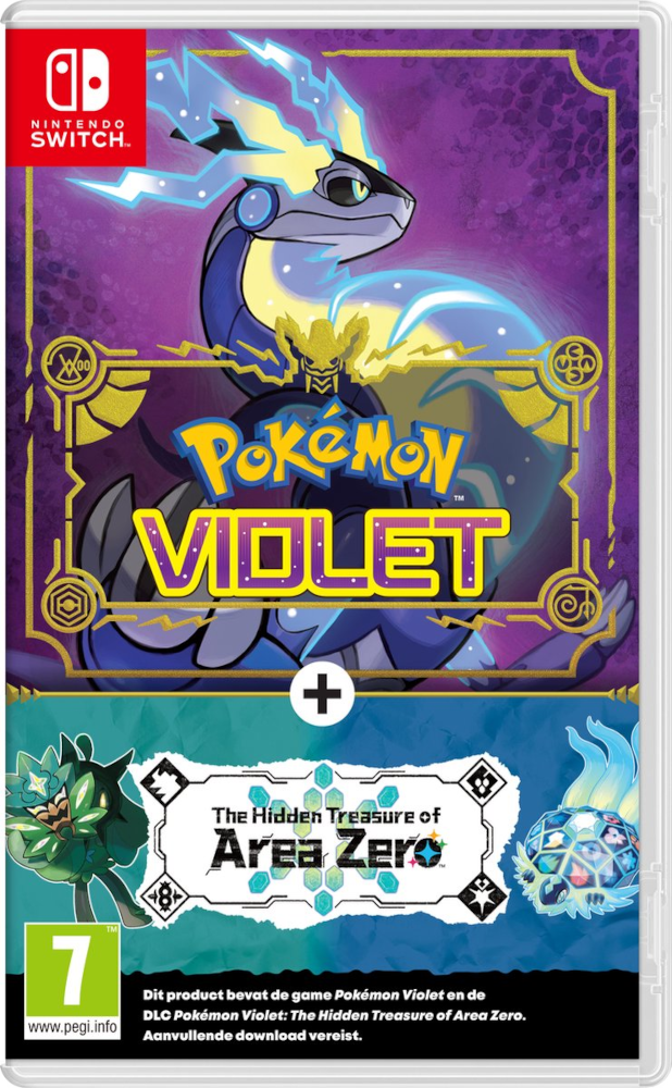Boîte de jeu Pokémon Violet avec DLC. Boîtier blanc avec une couverture violette et bleue, art du jeu.