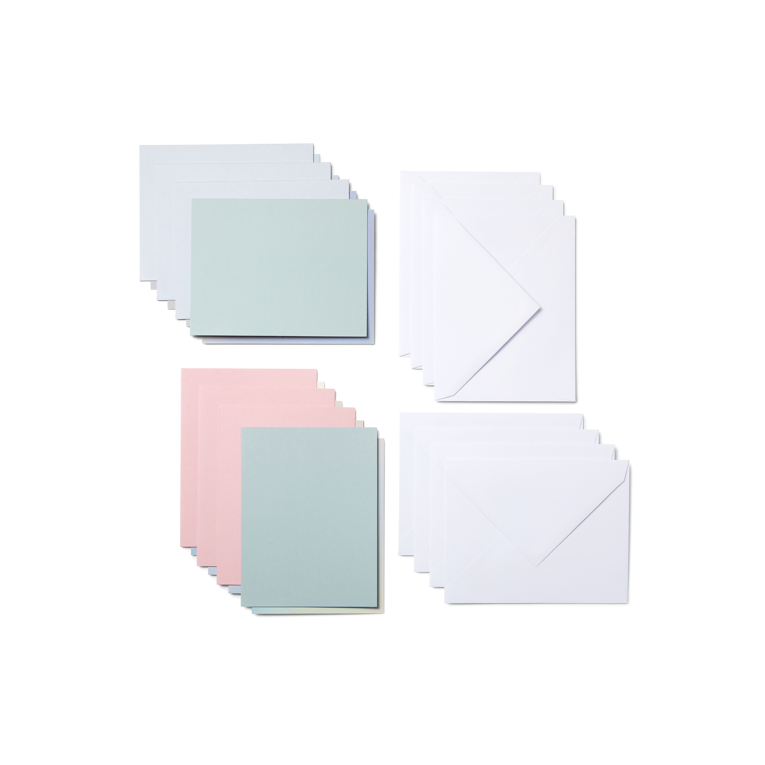 Sets of colorful paper and envelopes arranged in a square pattern on a white background.