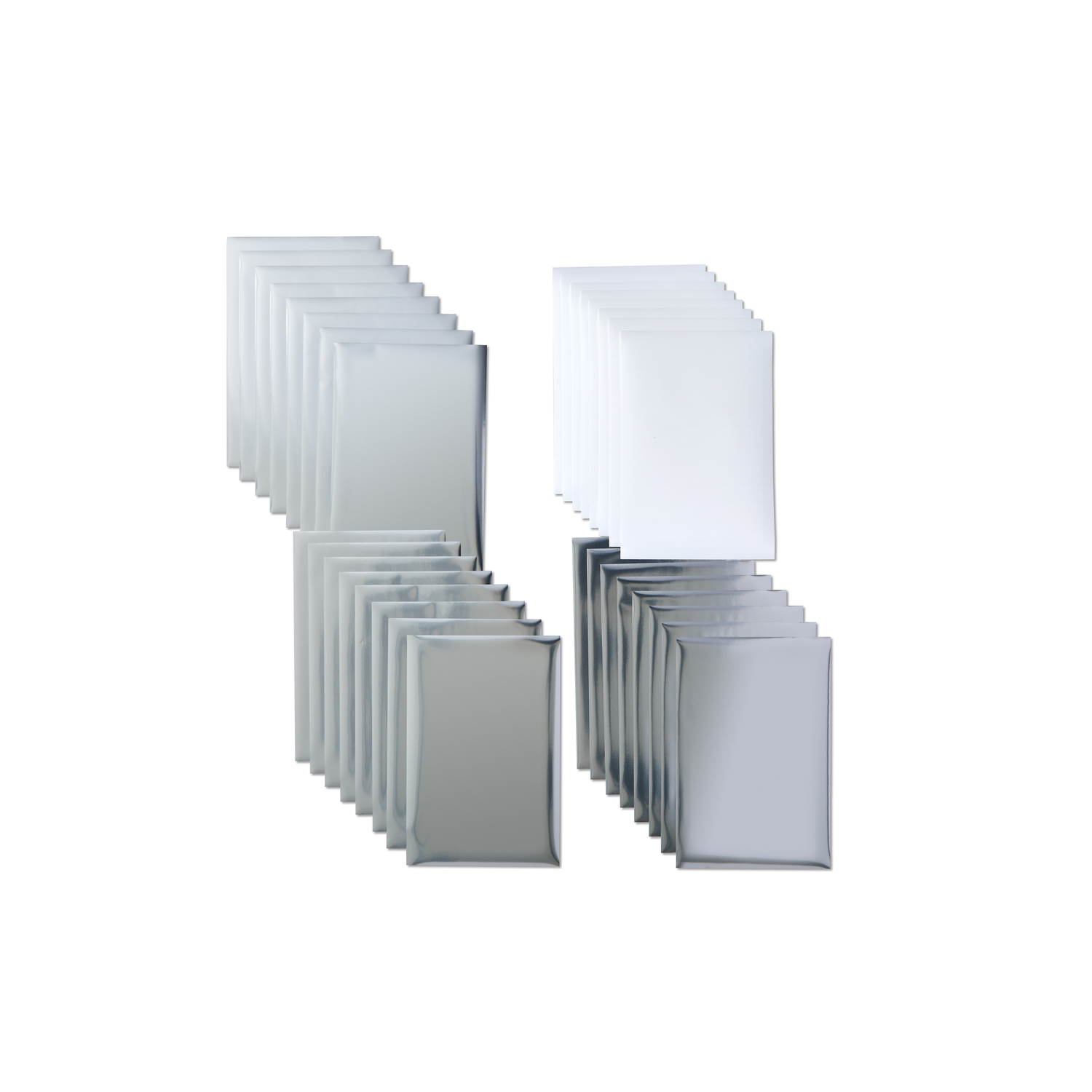 Multiple stacks of silver foil pouches, arranged in a symmetrical pattern on white.