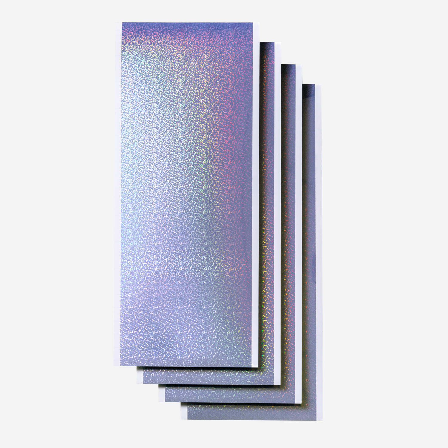 A stack of five rectangular, shimmering sheets that have a gradient of colors.