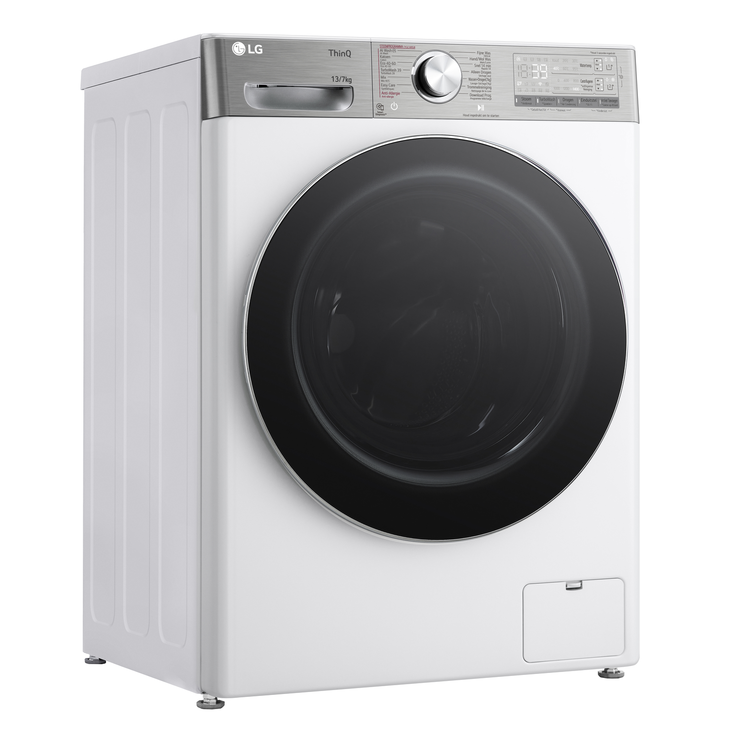 Witte LG wasmachine met zwarte deur. Metalen rand met knoppen.