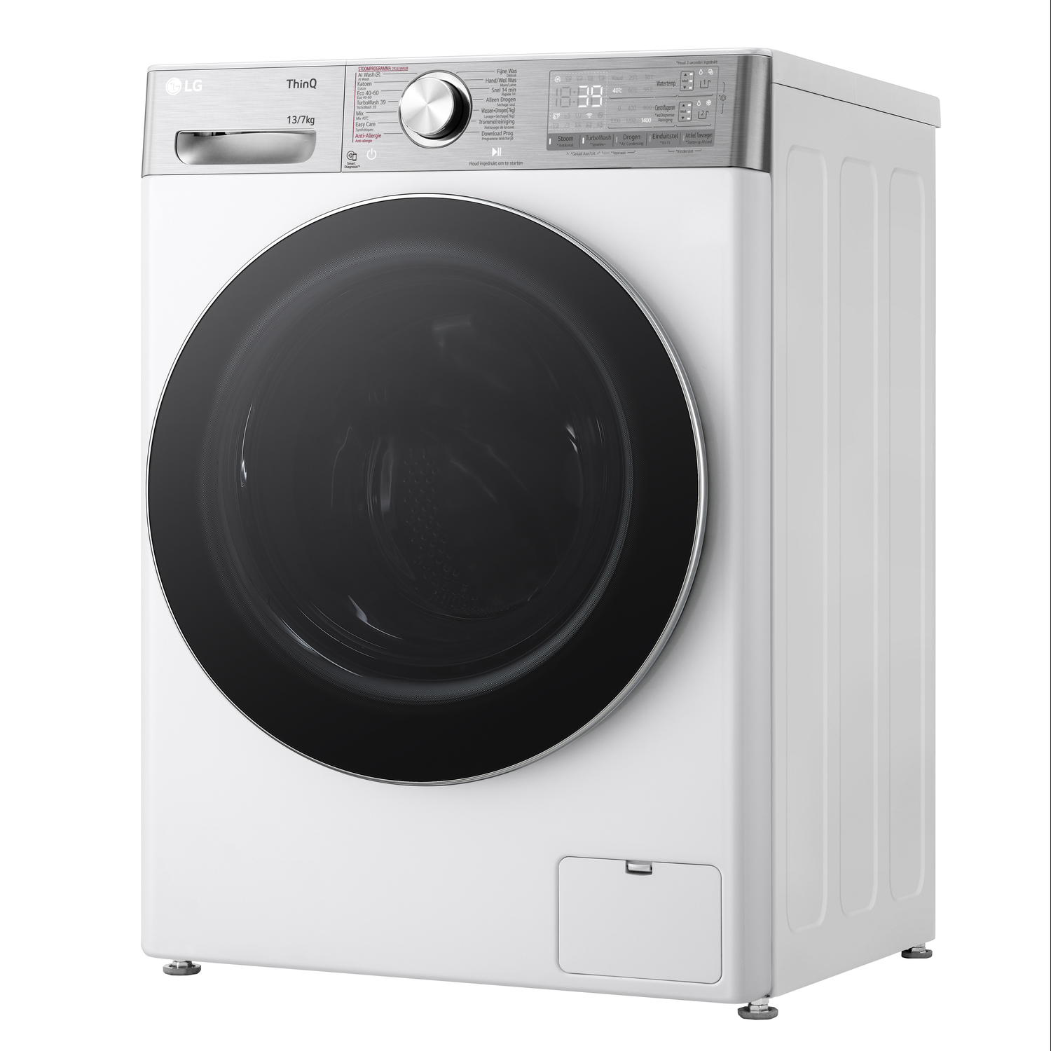 Witte LG wasmachine met zwarte deur. Het heeft een digitaal display en zilveren bedieningspaneel.