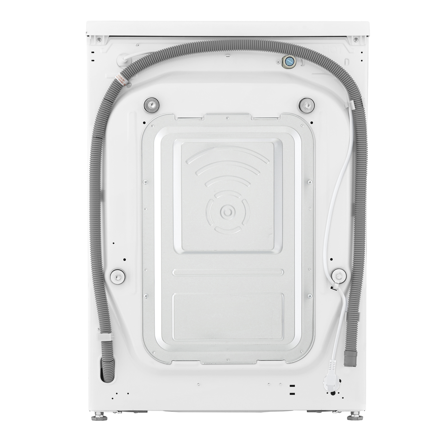 De achterkant van een witte wasmachine met een grijze slang en een wit netsnoer tegen een witte achtergrond.