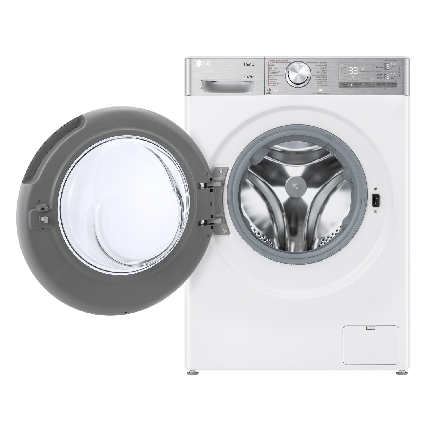 Een witte wasmachine met een open grijze deur, die de binnentrommel laat zien. De machine staat aan.