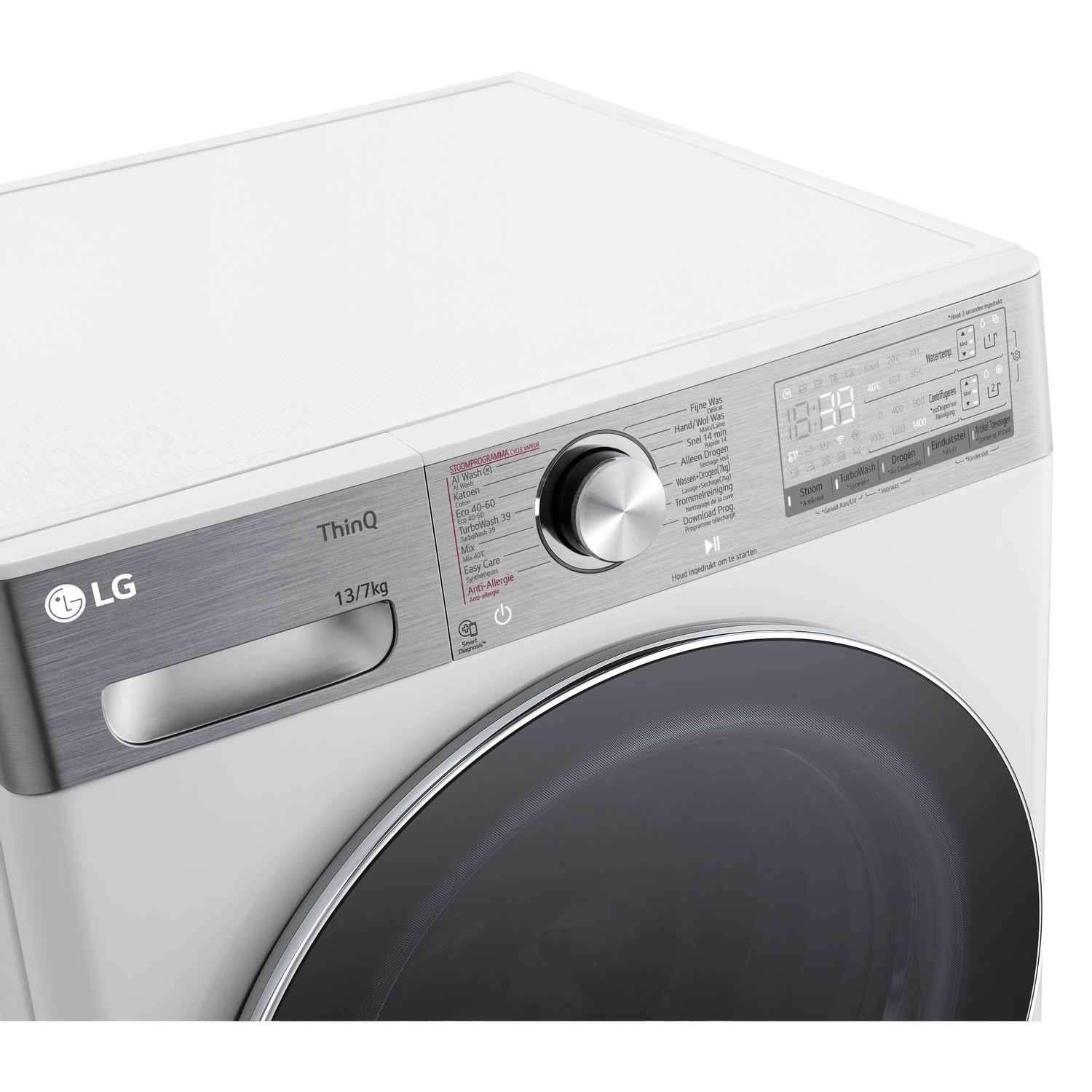 Witte wasmachine bedieningspaneel. Voorzien van een scherm, draaiknop en diverse programma's.