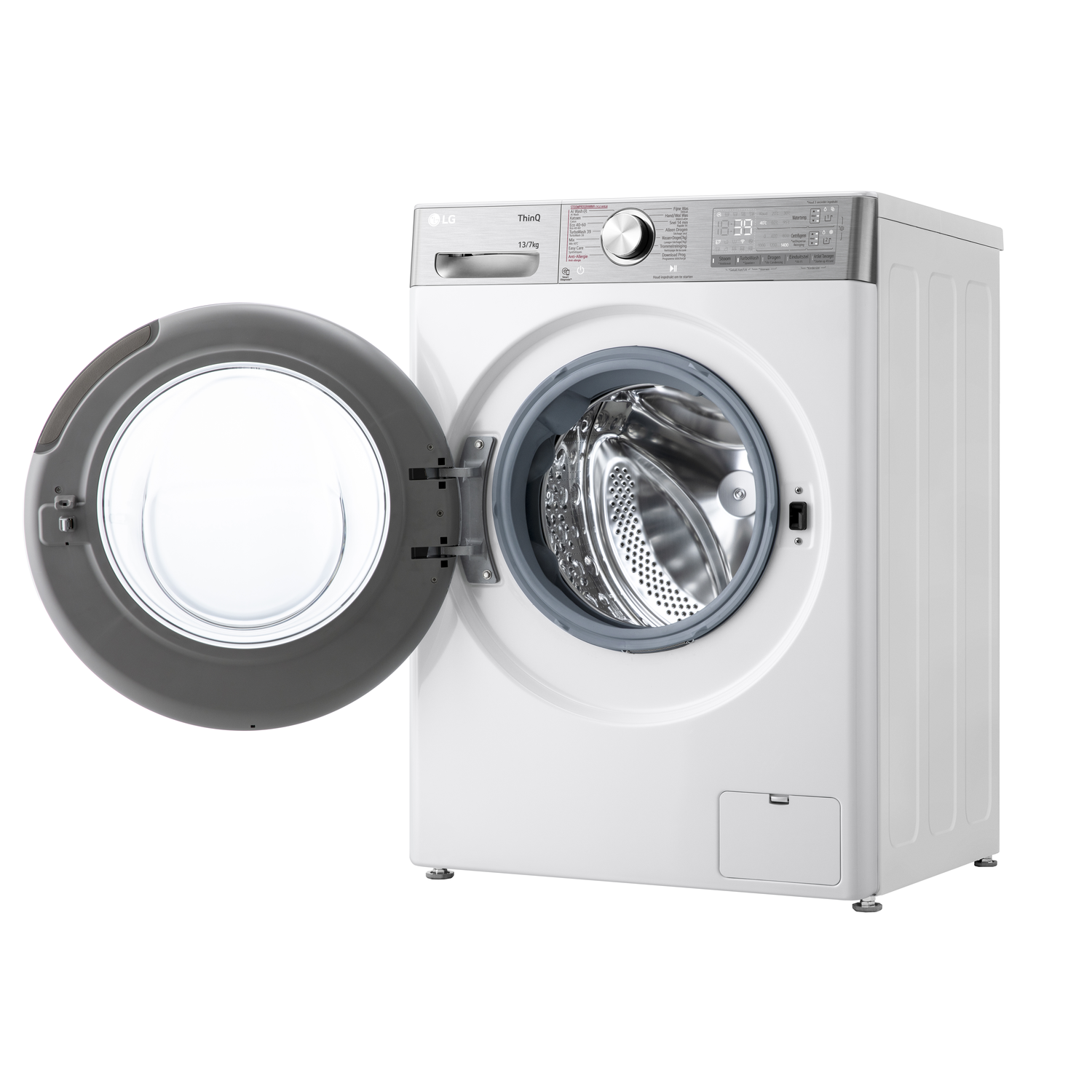 Witte wasmachine met open deur, trommel zichtbaar. Digitaal display boven.