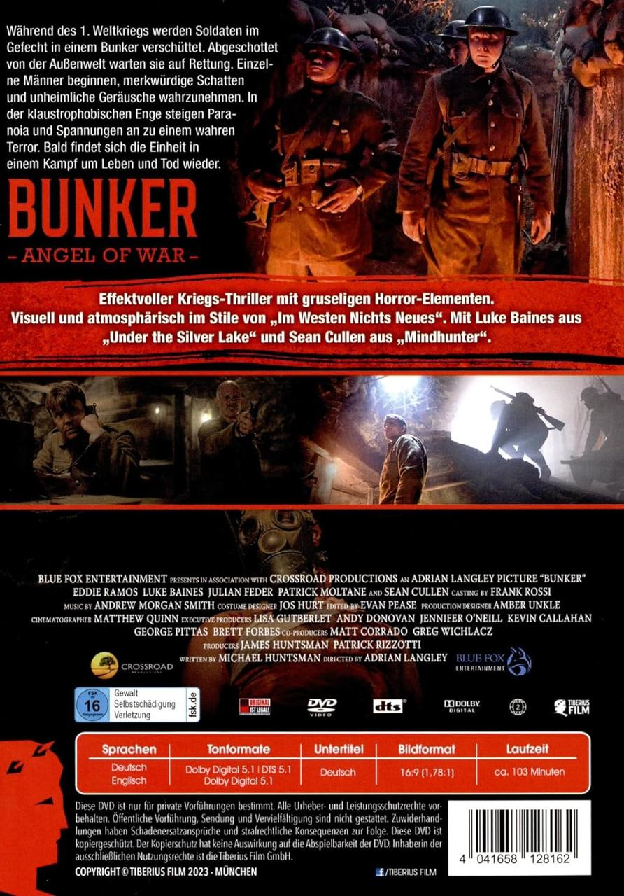 Rückseite einer DVD-Hülle mit Text und Bildern aus dem Film 'Bunker'.