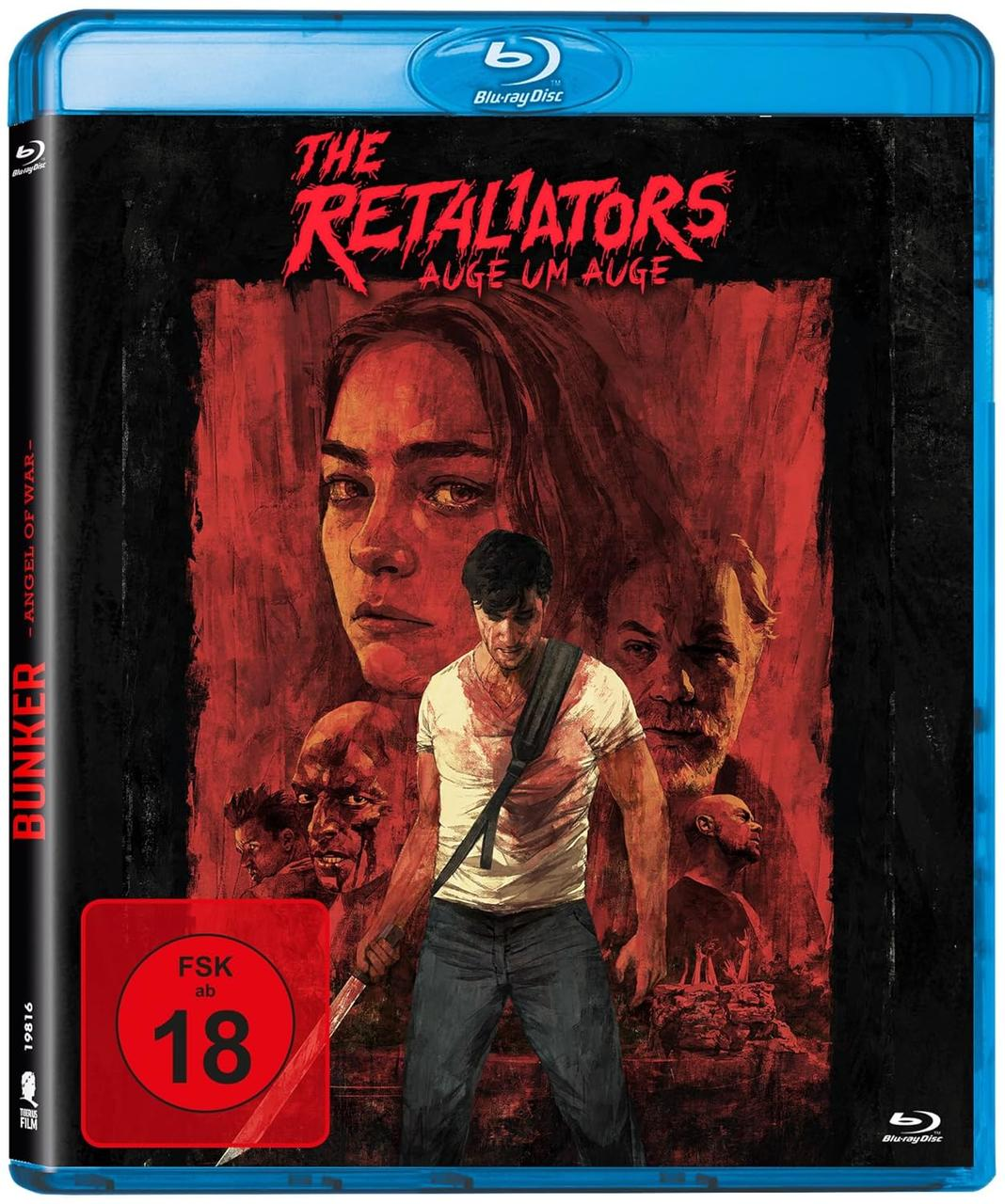 Blu-ray-Disc-Cover für den Film 'The Retaliators', mit einer Frau und einem Mann mit einer Waffe.