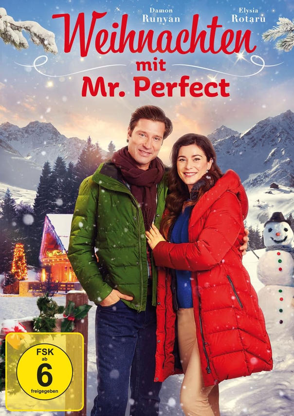 Filmposter: Ein Paar in Wintermänteln vor einem schneebedeckten Berg und einem Schneemann, mit Text.