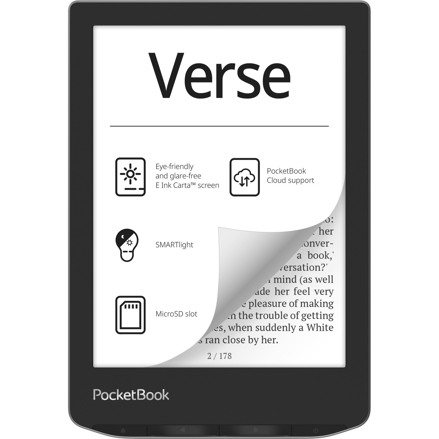 Een e-reader met het woord 'Verse', met pictogrammen voor een oogvriendelijk scherm, cloudondersteuning en meer.