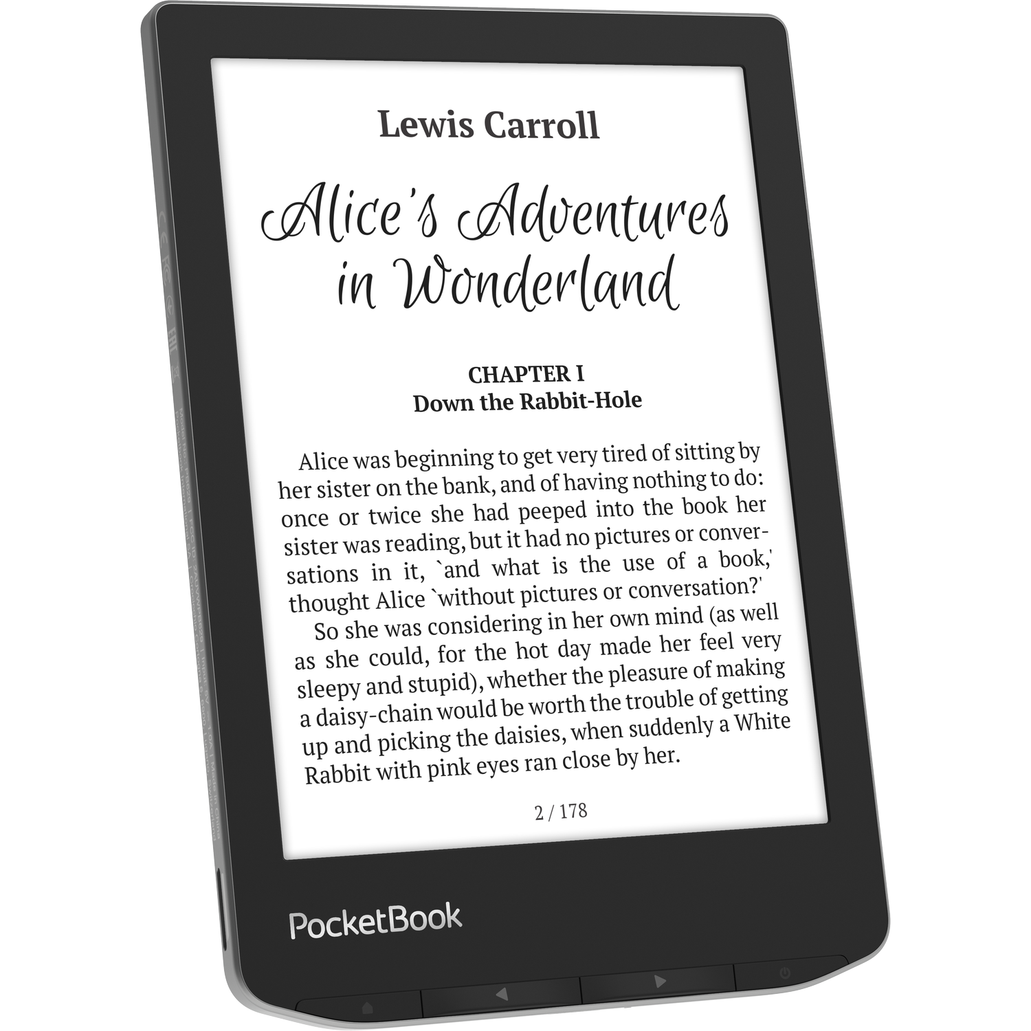 Zwarte e-reader met 'Alice in Wonderland' op het scherm.