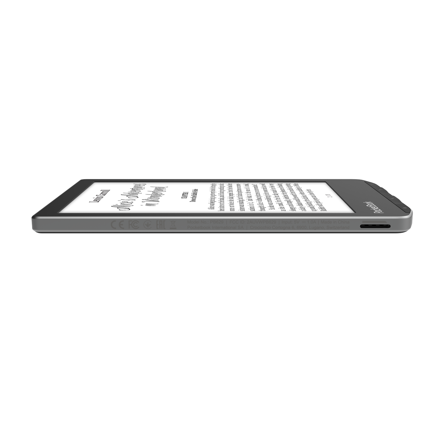 Een e-reader ligt plat op een oppervlak. Het zijprofiel toont het apparaat.