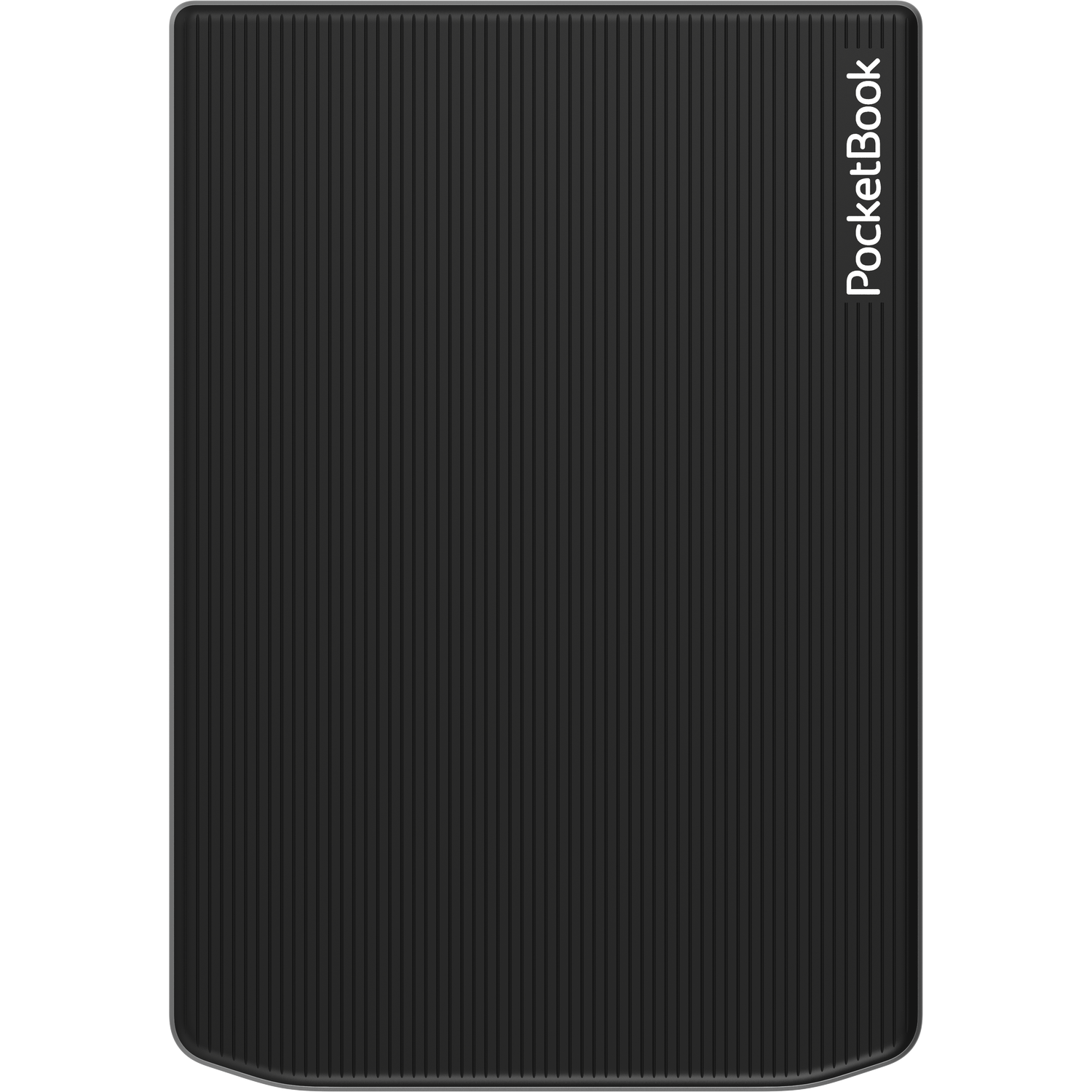 Een zwarte PocketBook e-reader cover met verticale lijnen. Het PocketBook-logo staat rechts.