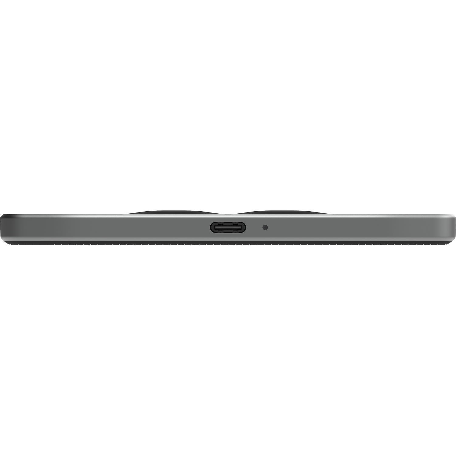 Een grijs apparaat, van de zijkant gezien, met een USB-C poort aan de onderkant.