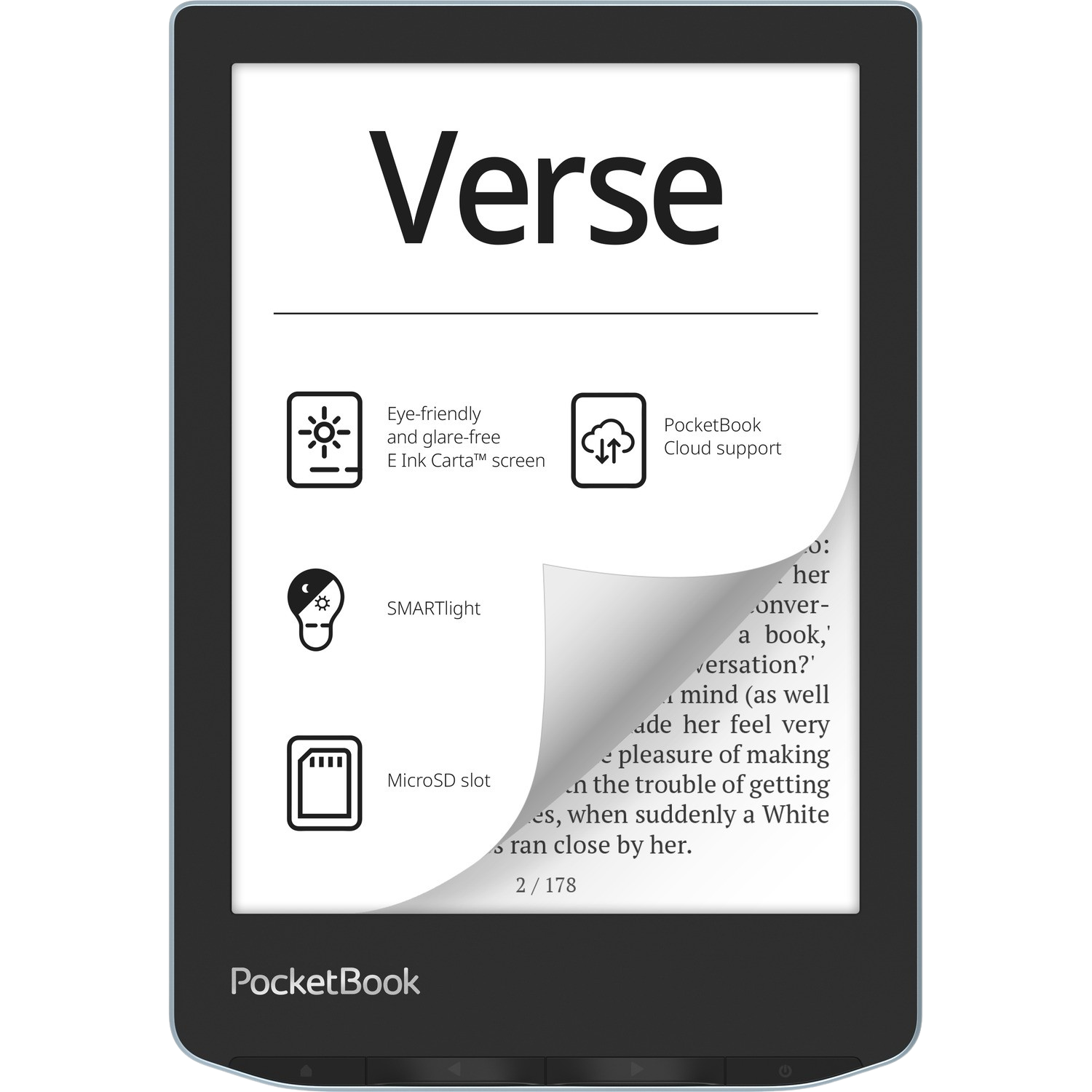 Een e-reader met een scherm met tekst en pictogrammen. Het woord Verse staat bovenaan.