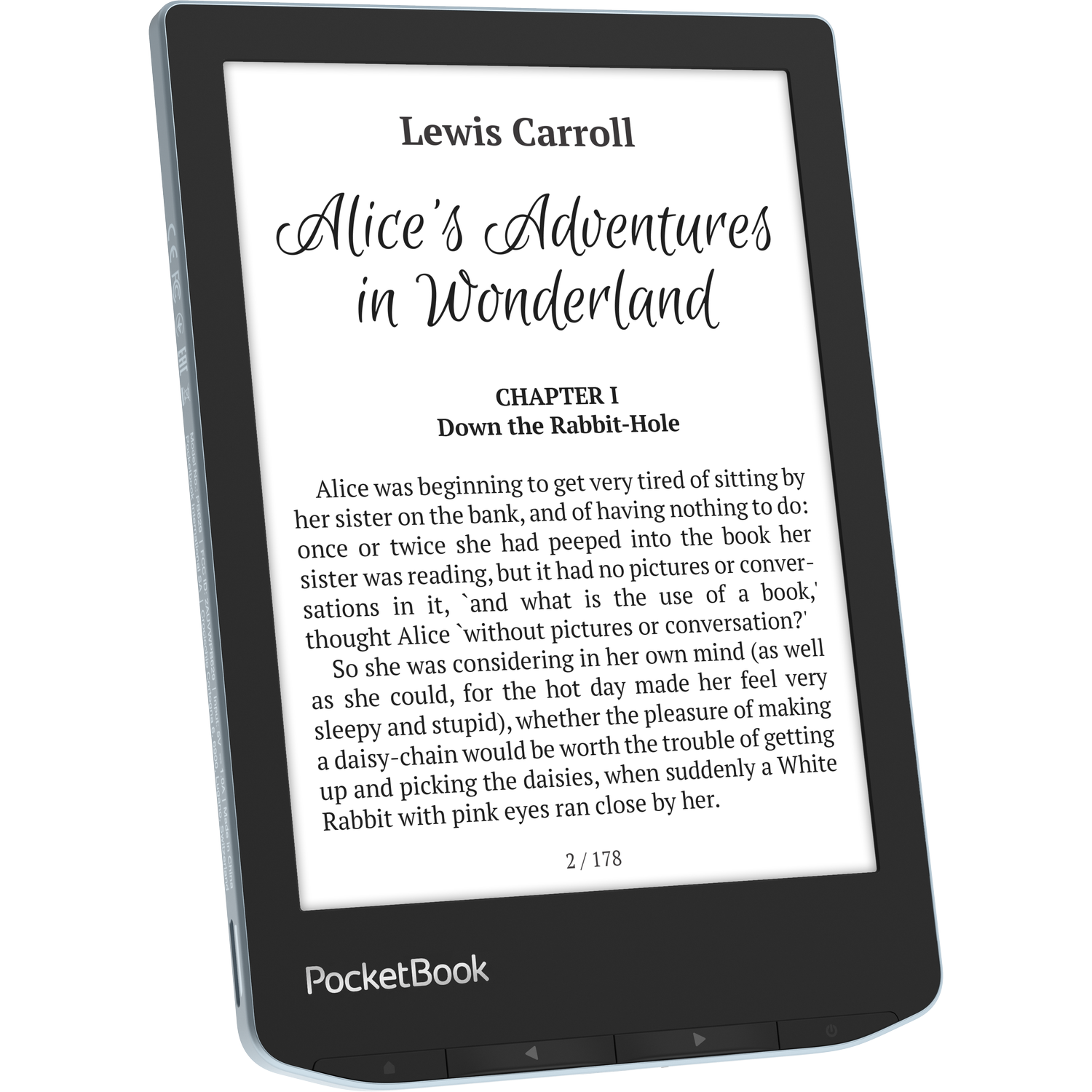 E-reader met tekst: Alice in Wonderland, door Lewis Carroll.