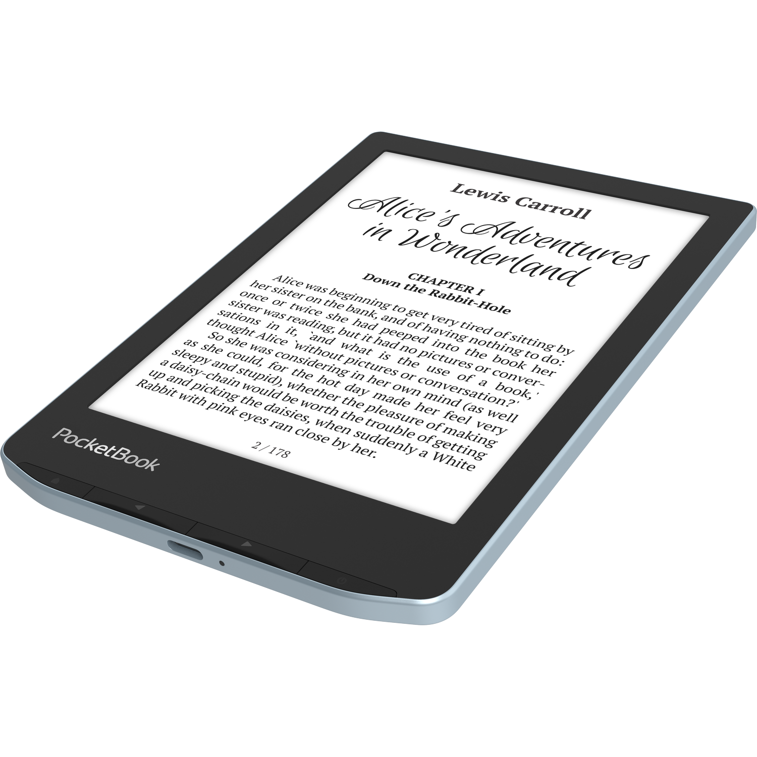 Zwarte e-reader met tekst van 'Alice in Wonderland' op het scherm.