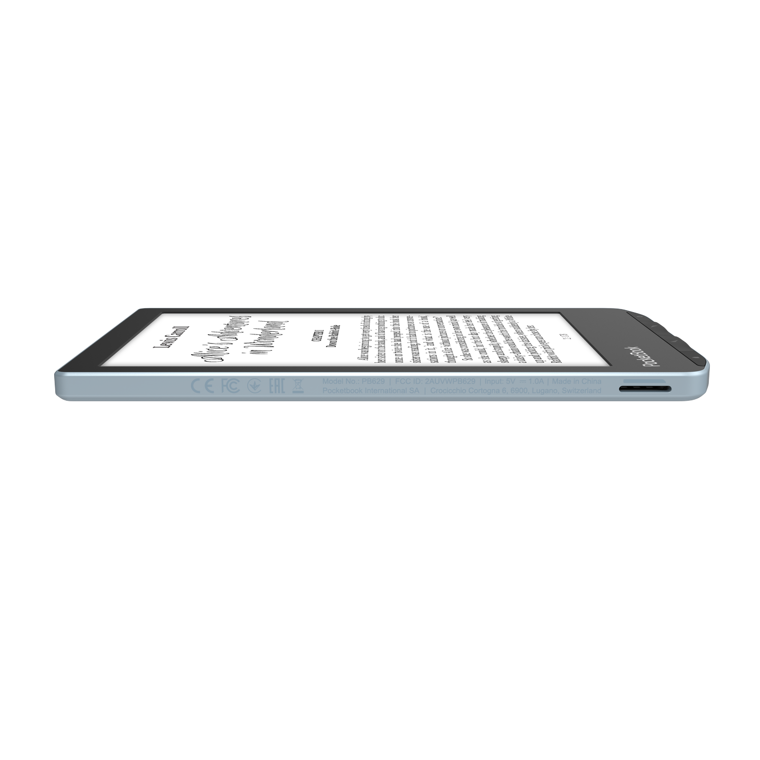 Zijaanzicht van een zwart-grijze e-reader, met een scherm met tekst op een witte ondergrond.