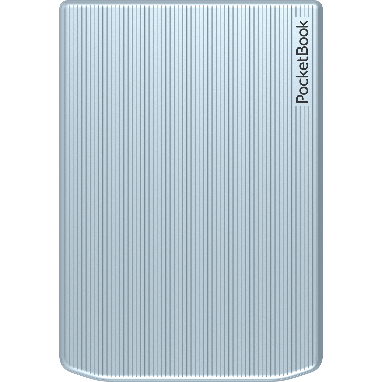 Een lichtblauwe PocketBook e-reader met verticale lijnen. De merknaam staat rechts.