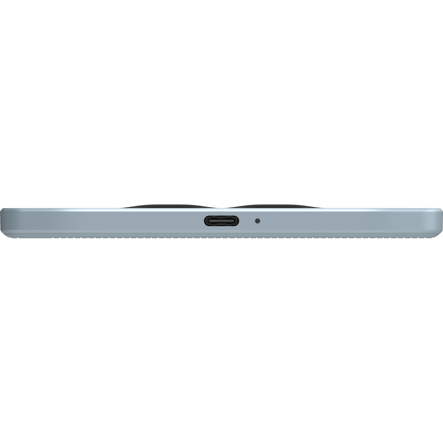 Een lichtblauwe telefoon van de zijkant, met een USB-C-poort.