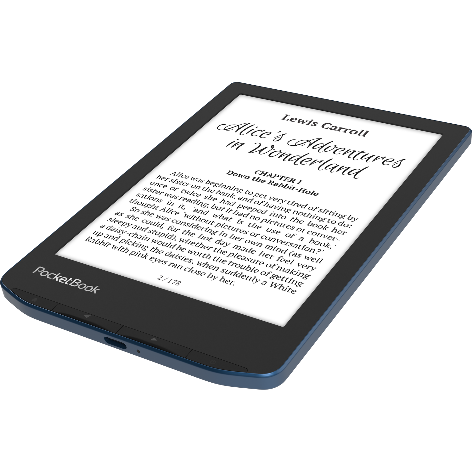 E-reader displaying text from 'Alice's Adventures in Wonderland' on a white background.