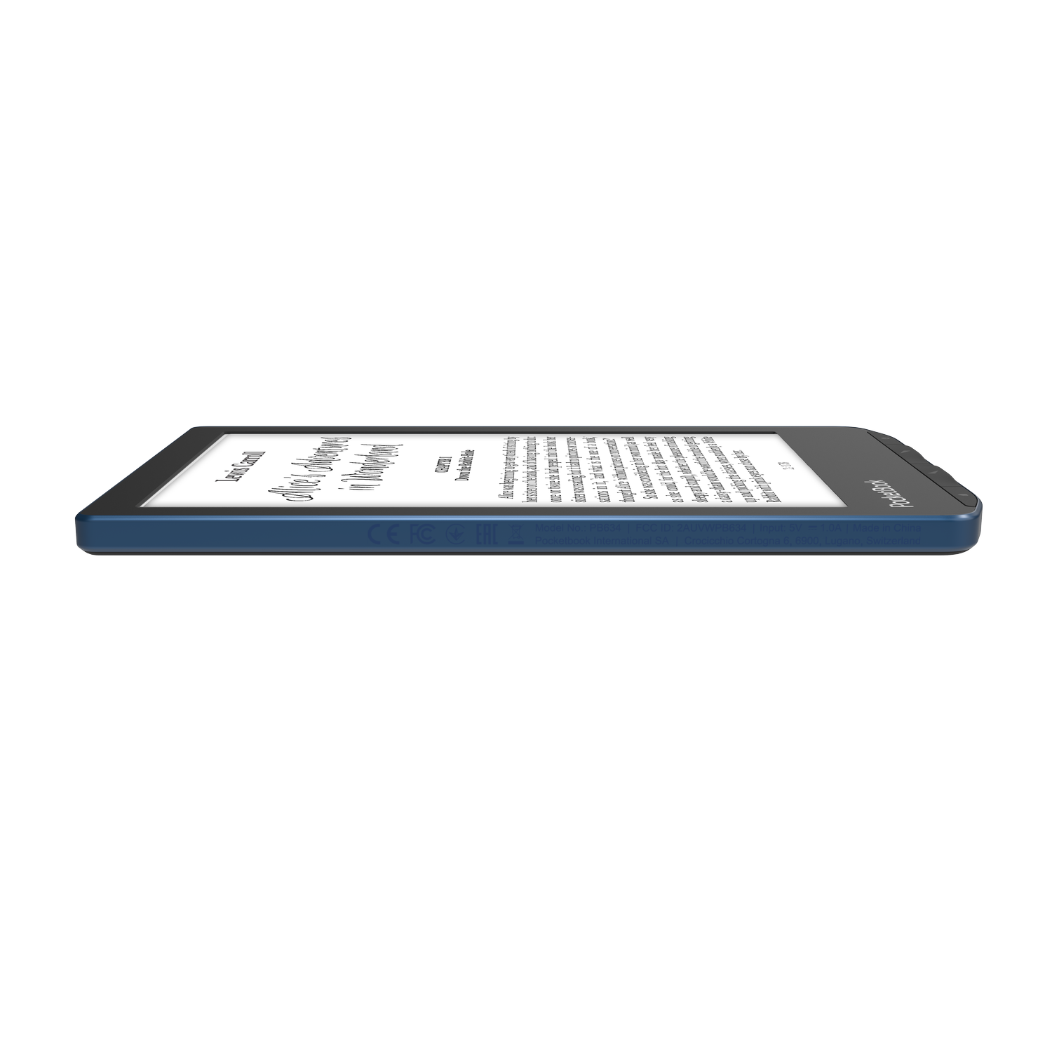 E-reader on white. Display showing text. Blue frame.