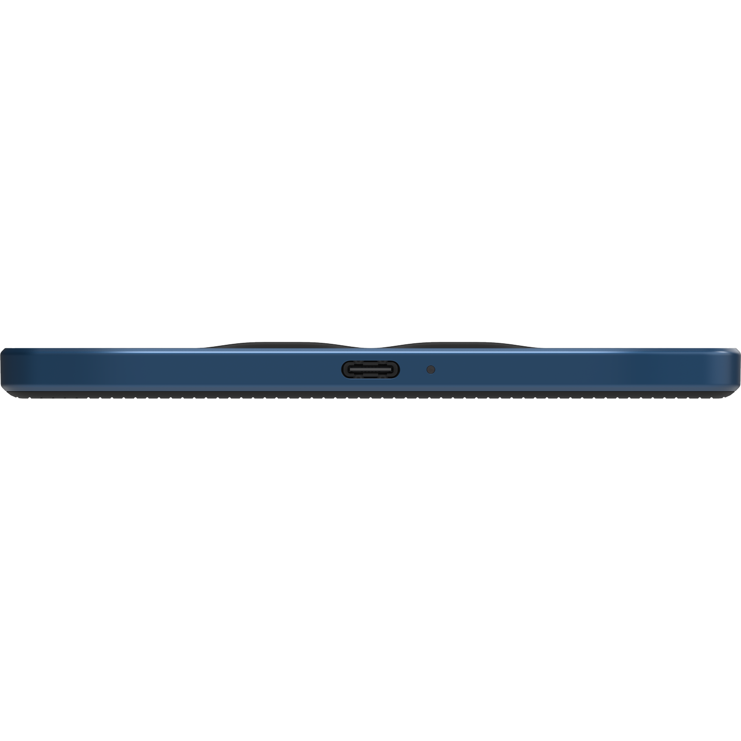 A blue smartphone, bottom side view, with a USB-C port and speakers.