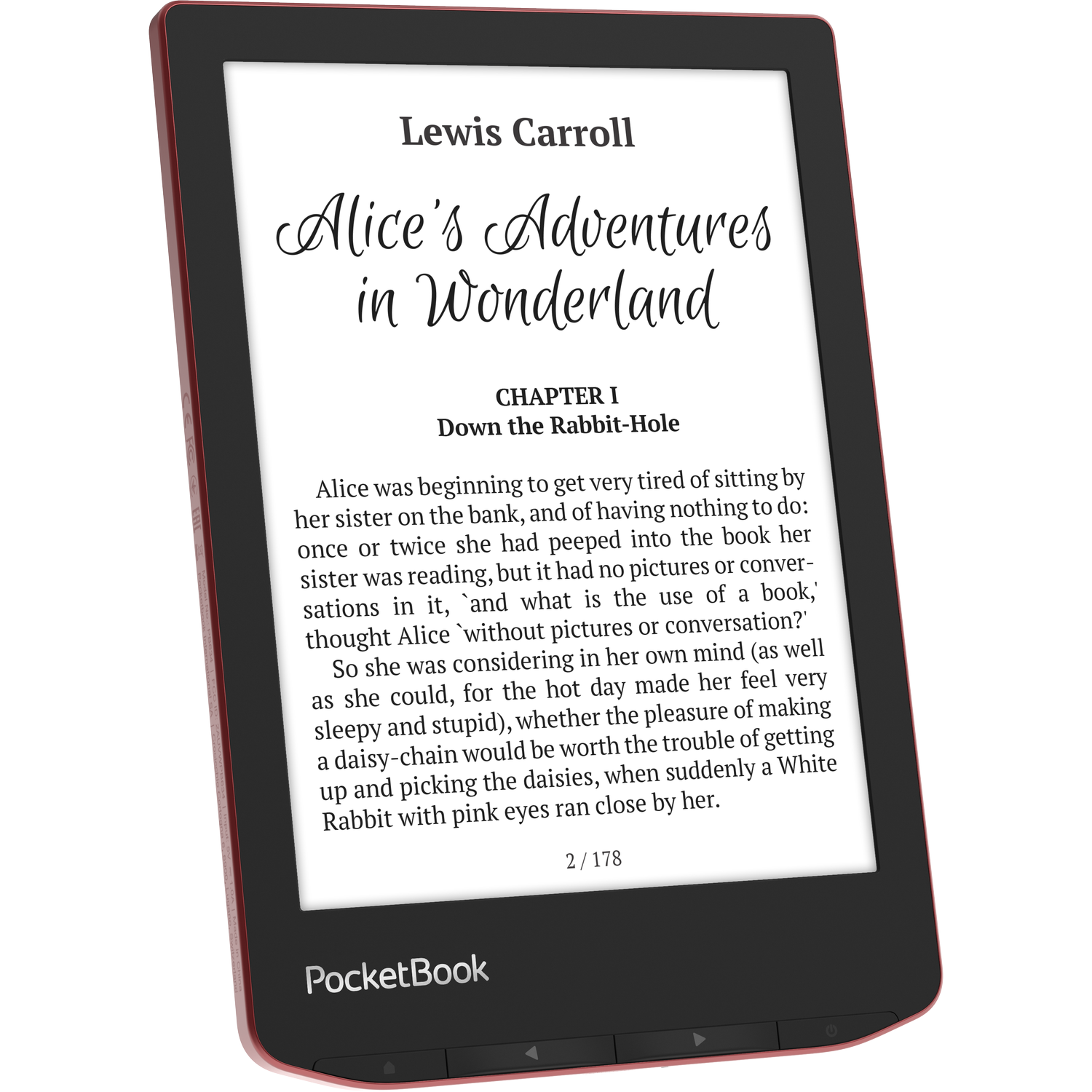Red-edged e-reader displaying 'Alice's Adventures in Wonderland' text on screen. 