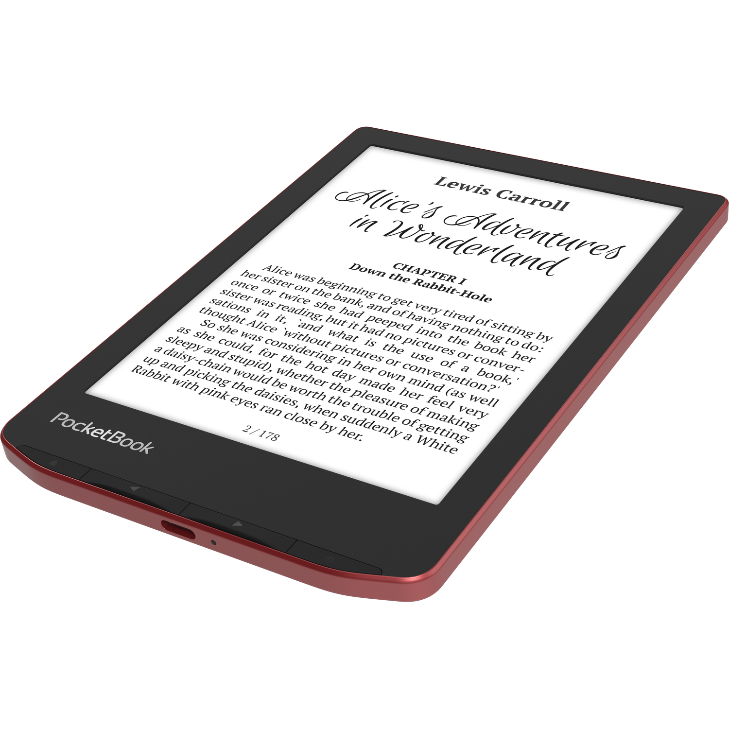 E-reader with text from Alice in Wonderland, on a red and black device.
