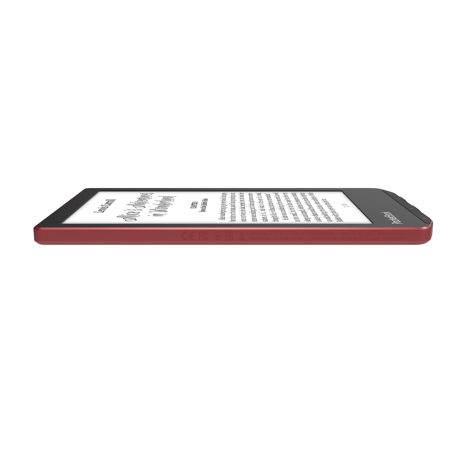 A red e-reader on a white background, showing text on the screen.