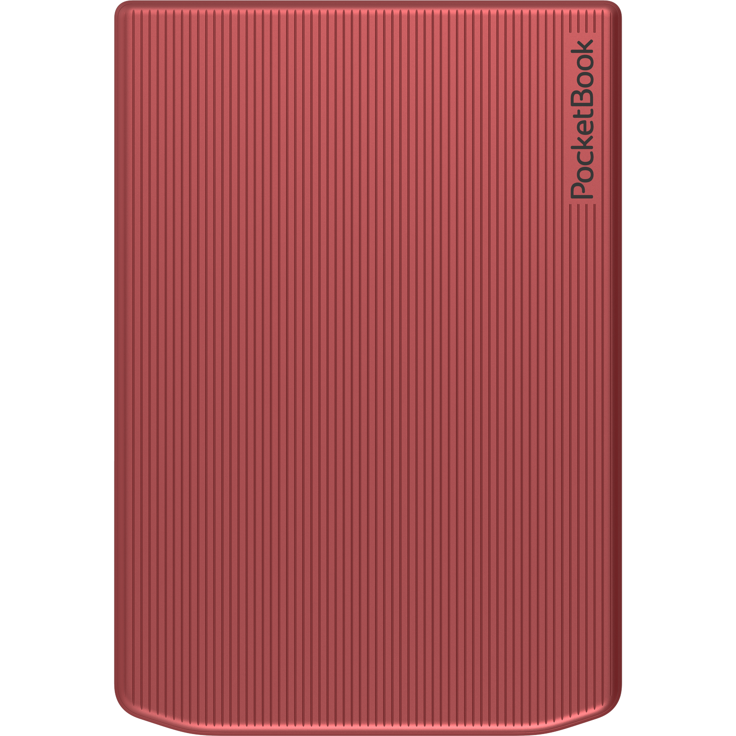 A red PocketBook e-reader case with vertical ridges. The PocketBook logo is visible.