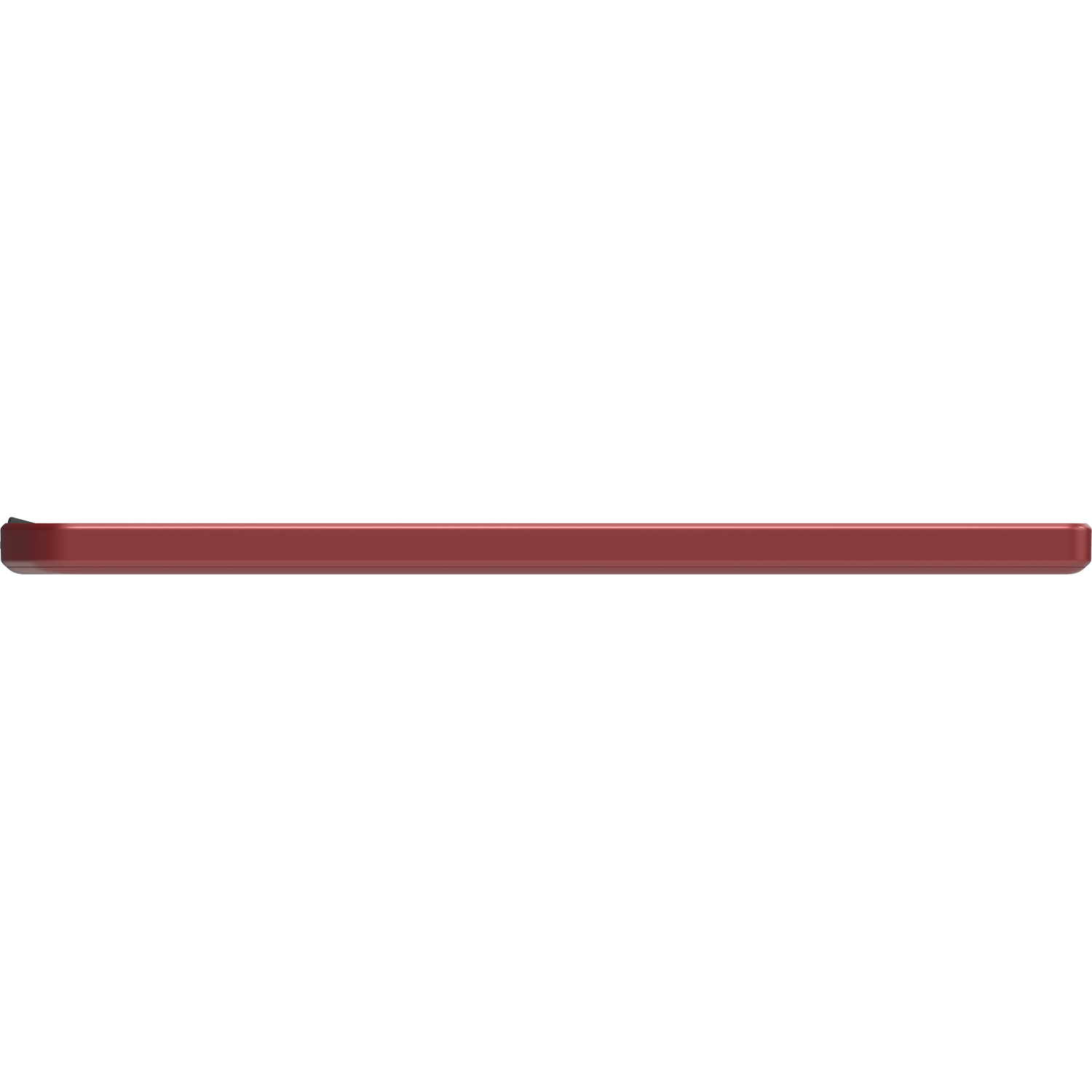 A thin, dark red pencil with a small eraser at one end.